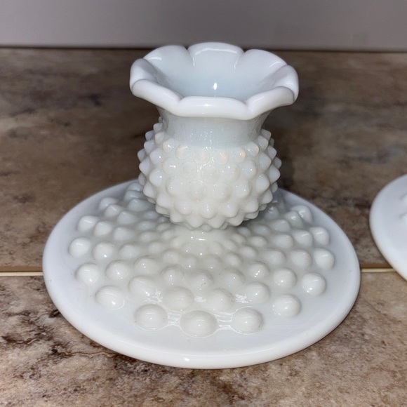 Set of 2 Vintage Fenton Hobnail Milk Glass Candlesticks Pair Candle Holders 3”T - Picture 4 of 8